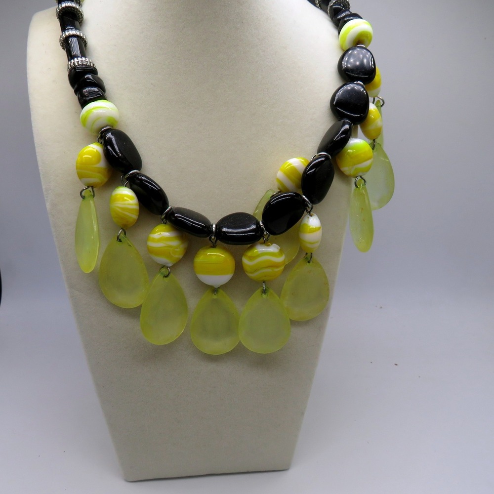 Black Yellow Swirl Glass Bead Statement Necklace Lime Green Teardrop Fringe 16in